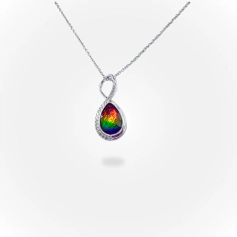KORITE Infinity Ammolite Pendant in Silver with White Topaz