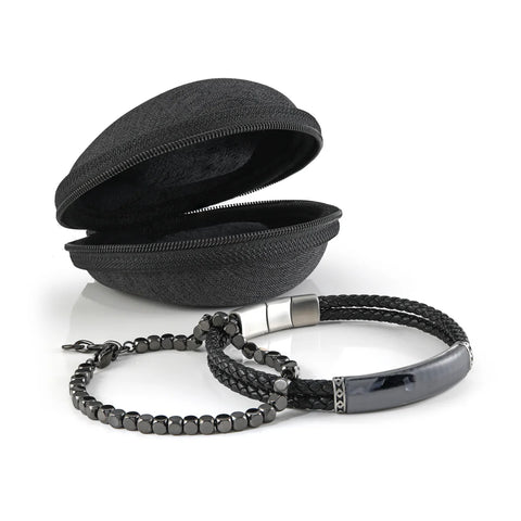 ITALGEM Gunmetal Steel Beads and Leather Bracelet Stack With Travel Case