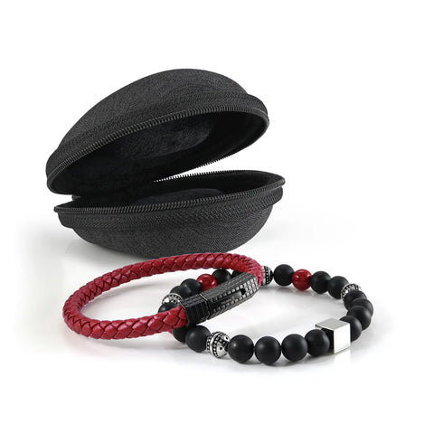 ITALGEM Onyx-Coral Beads and Leather Bracelet Stack With Travel Case