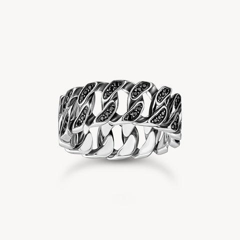 Thomas Sabo Silver wide ring with chain links and black stones