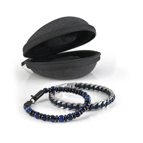 ITALGEM Blue Tiger Eye Beads and Leather Bracelet Stack With Travel Case