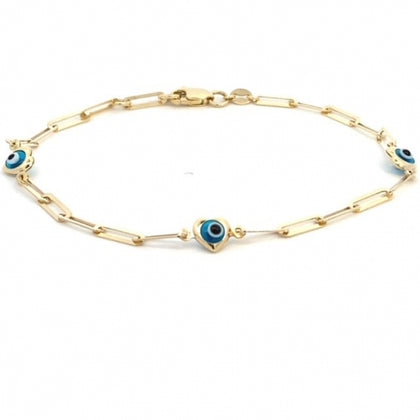 Yellow Gold Evil Eye Heart Paperclip Bracelet