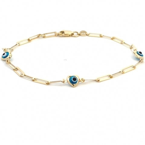 Yellow Gold Evil Eye Heart Paperclip Bracelet