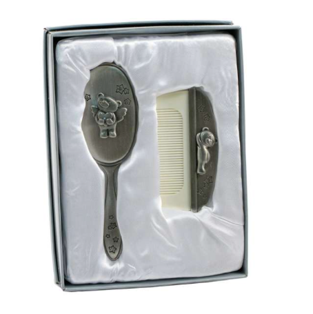 Pewter Baby Brush and Comb Set - Teddy Bear Angel
